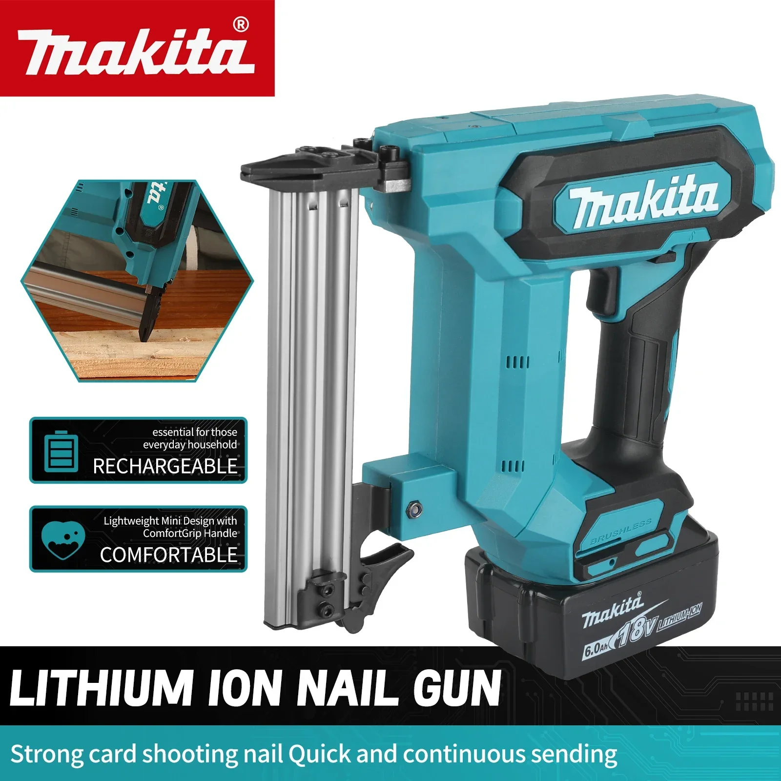 Makita 18V Lithium‑Ion Nail Gun, 6.0Ah Battery, 100‑Nail Capacity - Drills & Drivers - <p>The Makita 18V Lithium‑Ion Nail Gun delivers cordless power and precision for...